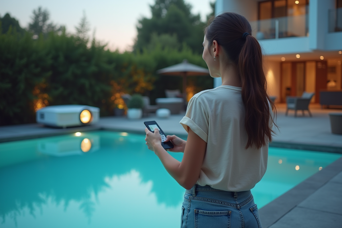 Jeune femme souriante avec projecteur au bord de la piscine