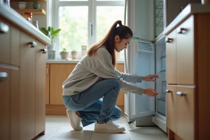 Jeune femme inspectant un frigo dans une cuisine lumineuse