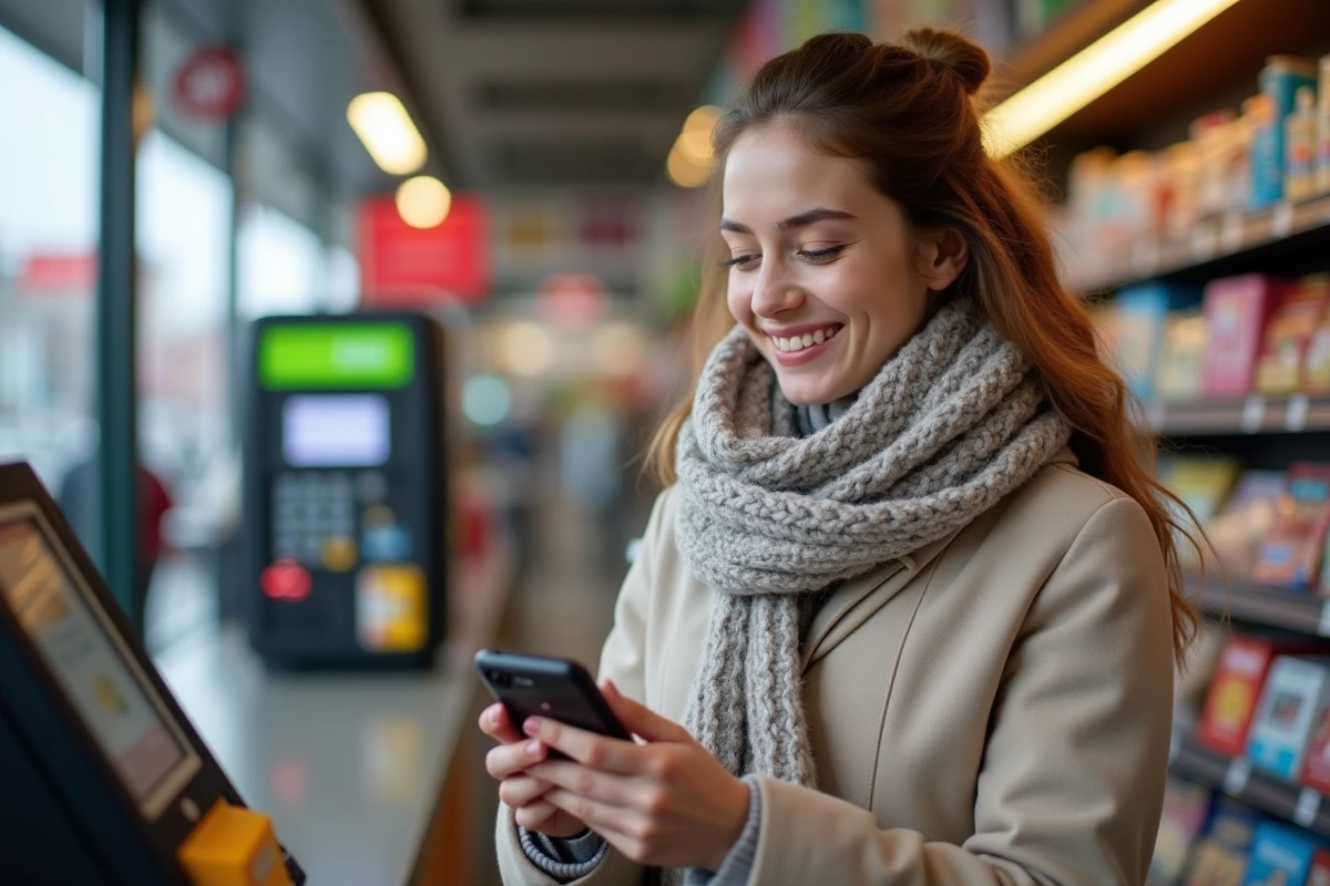 Jeune femme souriante utilisant son smartphone en magasin