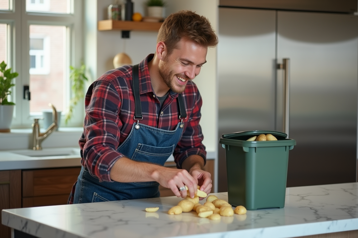 Jeune homme ajoutant des peaux de pommes de terre dans un compost de cuisine