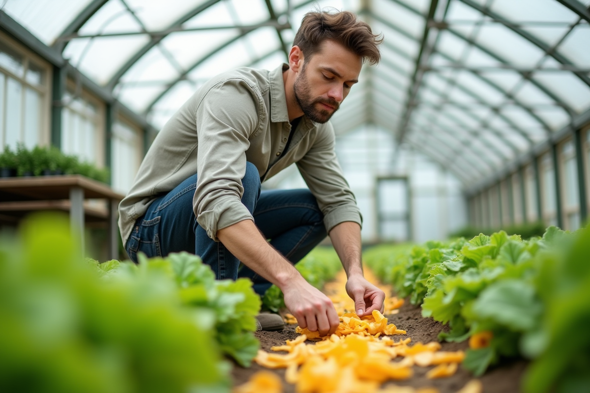 Jeune homme plaçant des écorces d