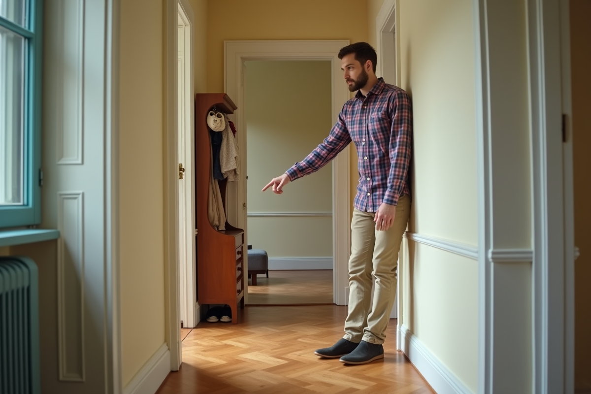 Jeune homme pointant du doigt un parquet déformé dans un couloir lumineux