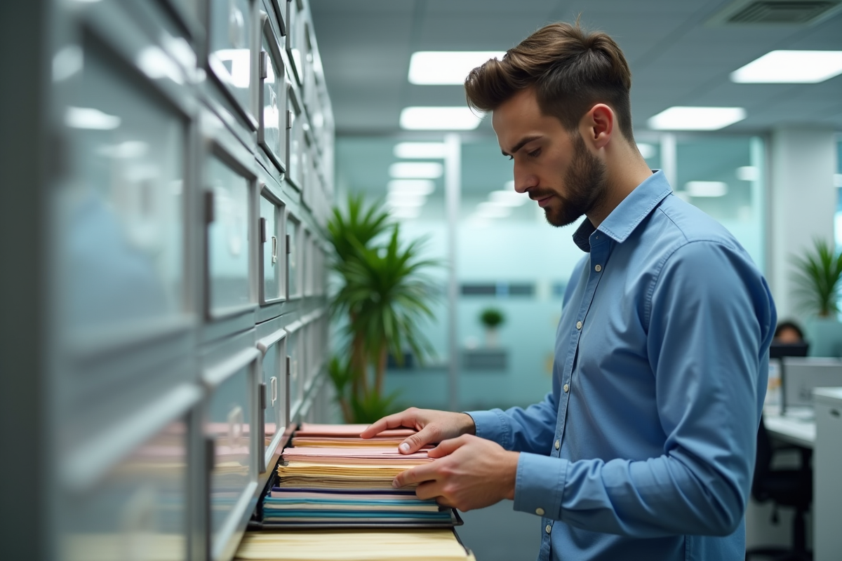 Jeune homme triant des dossiers dans un bureau lumineux