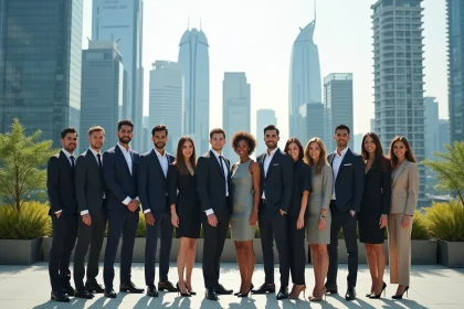 Groupe de jeunes professionnels sur un rooftop moderne