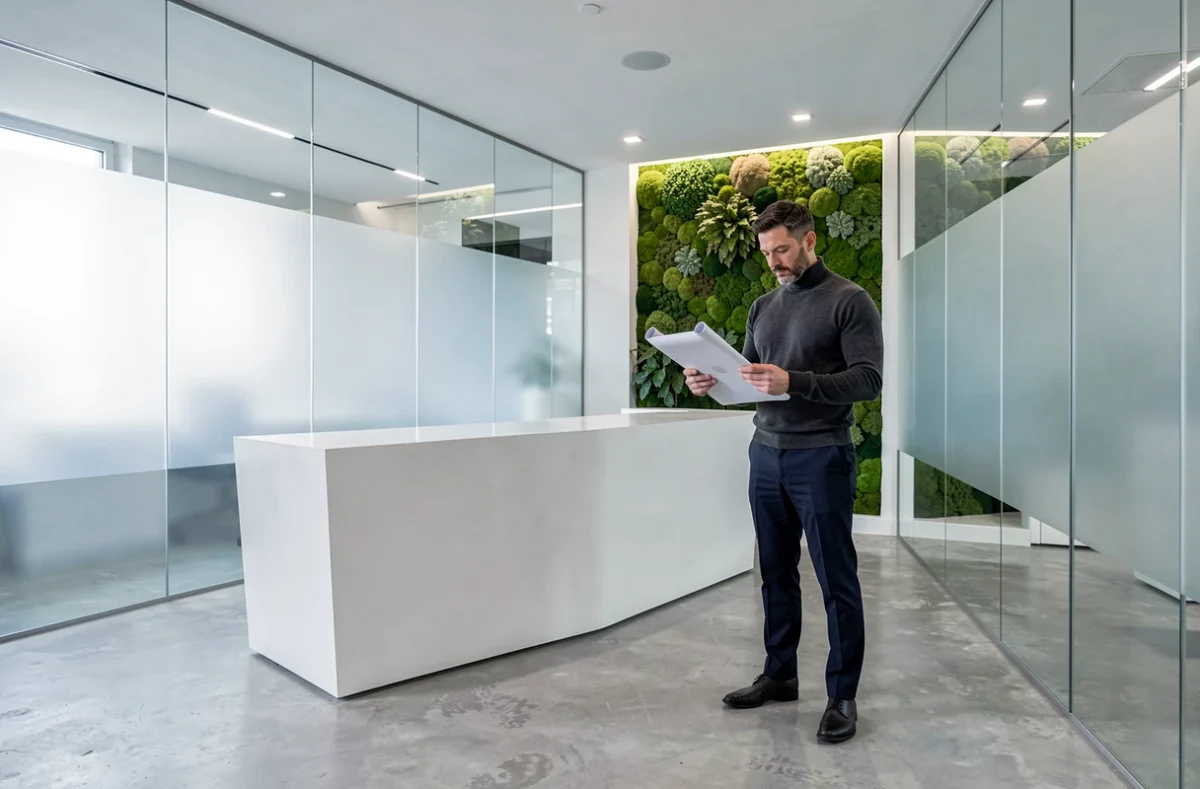Espace de réception commercial minimaliste en béton poli et mur végétal conçu par JFL Design