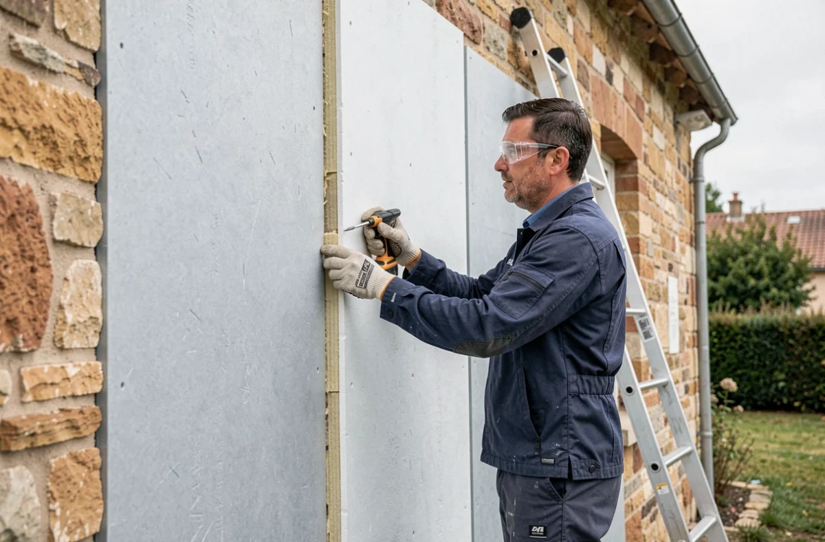Technicien Kalipro posant des panneaux d'isolation thermique sur la façade d'une maison en Lot-et-Garonne