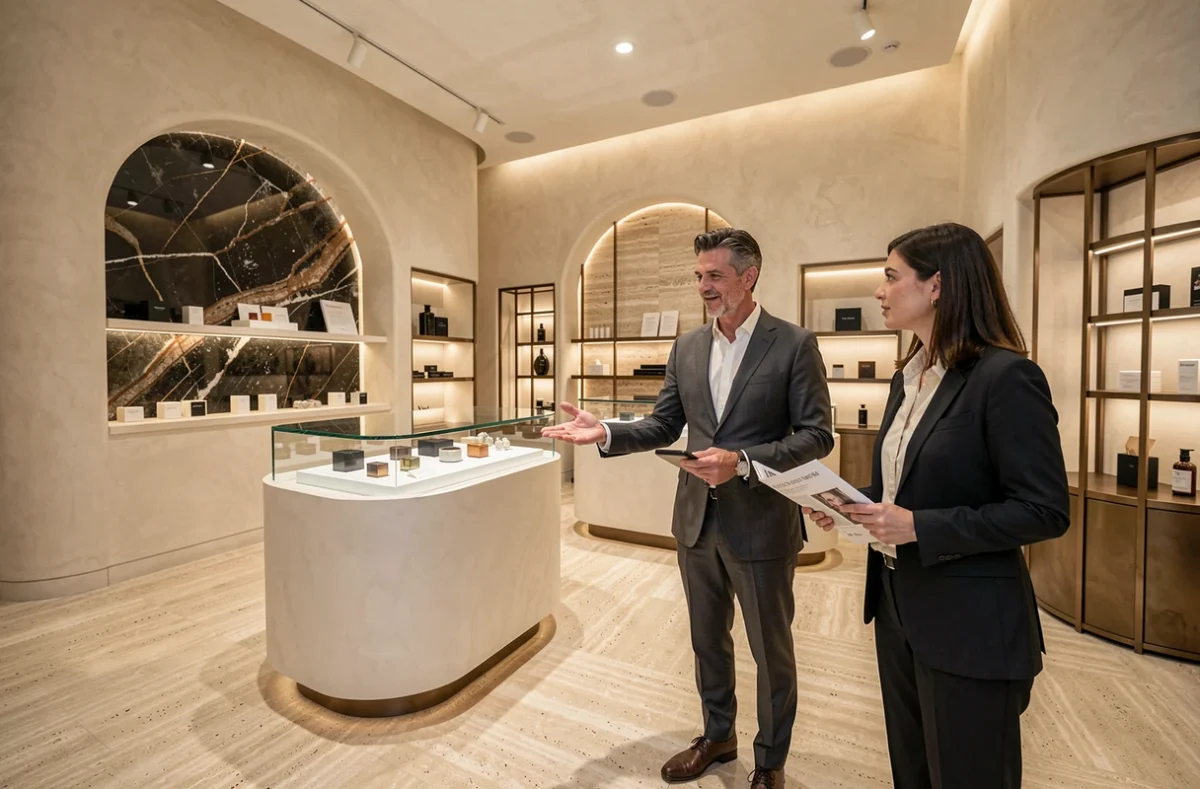 Boutique concept haut de gamme avec panneaux en onyx rétroéclairés et sol en travertin réalisée par Ketal Concept