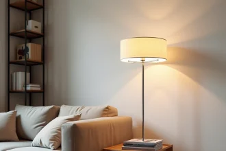 Lampadaire halogène à pied chromé dans un salon moderne avec canapé en lin beige et table basse en bois