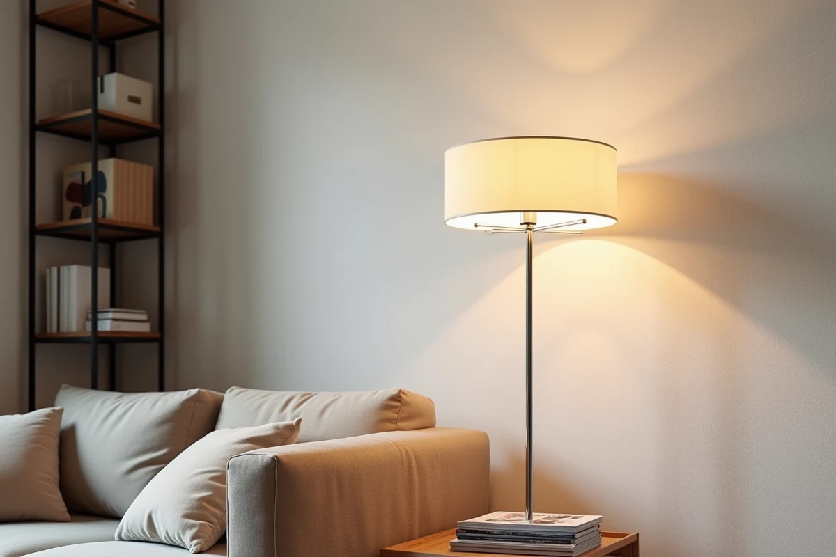 Lampadaire halogène à pied chromé dans un salon moderne avec canapé en lin beige et table basse en bois