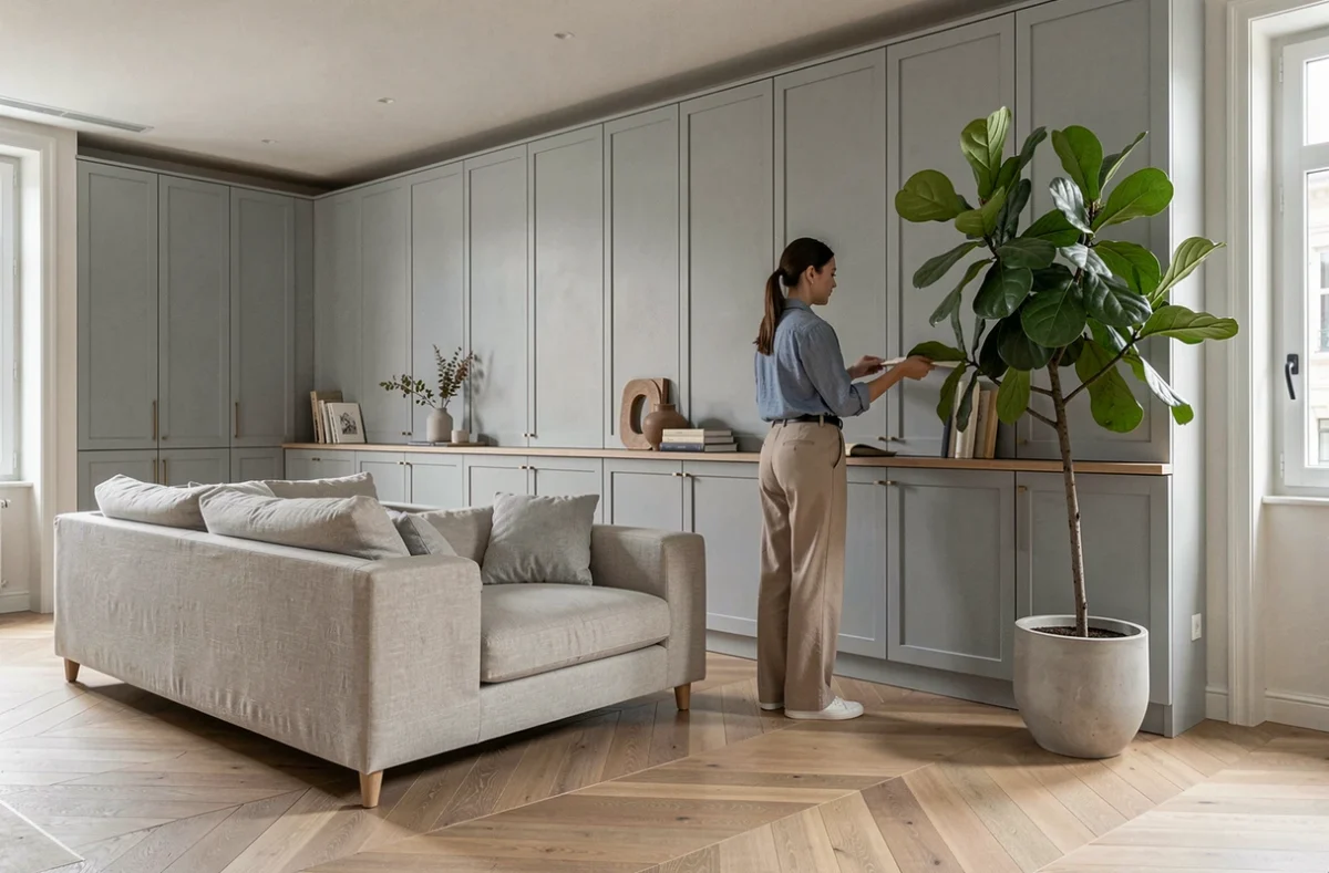 Appartement parisien rénové par Léa Jumeaux Agence Design d'Espace avec menuiserie grise sur mesure et parquet chêne