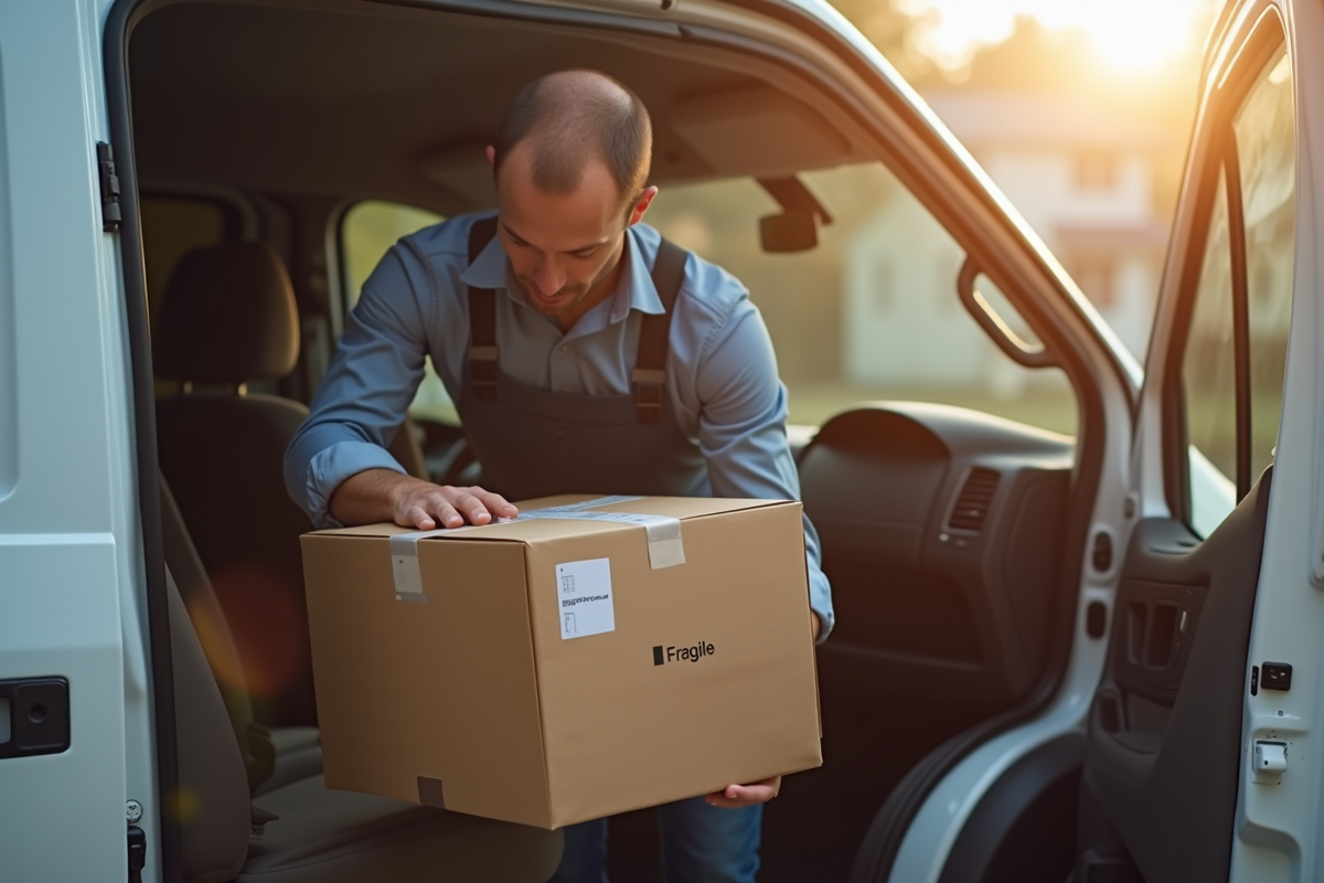 Livreur déposant un colis fragile dans une camionnette moderne
