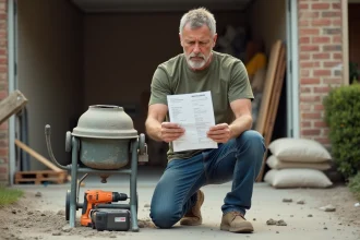 Particulier examinant une facture de location de matériel de construction devant un perforateur et une bétonnière sur une allée résidentielle en rénovation