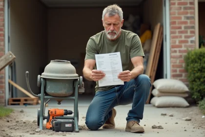 Particulier examinant une facture de location de matériel de construction devant un perforateur et une bétonnière sur une allée résidentielle en rénovation