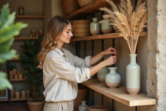 Femme arrangeant des vases en céramique artisanale et herbes de pampa séchées dans un magasin de décoration écoresponsable à Lyon