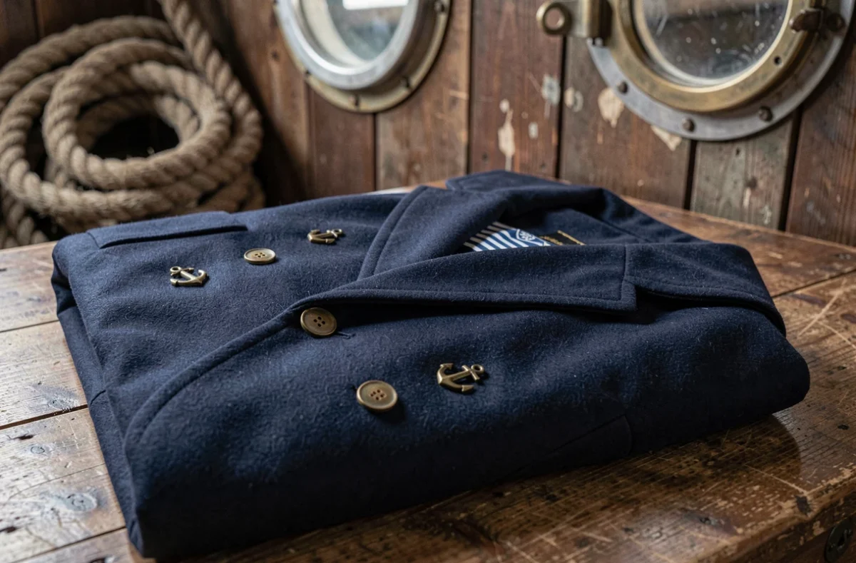 Un caban en laine bleu marine classique avec des boutons en laiton, plié sur une table en bois rustique