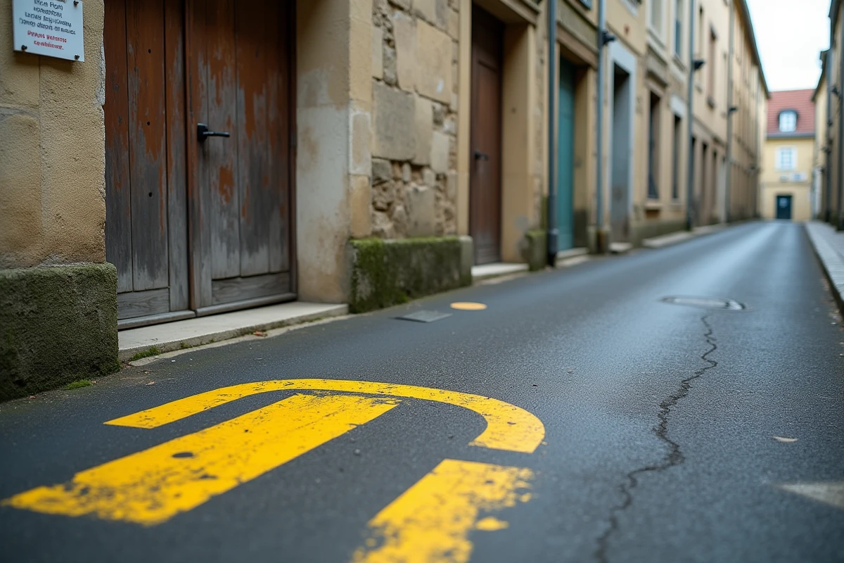 Marquage au sol jaune interdisant le stationnement devant un garage particulier dans une rue de village français