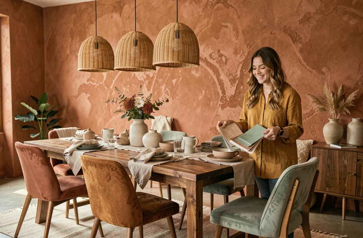 Salle à manger bohème-moderne réalisée par Mayelle avec murs en plâtre terracotta et table en noyer massif