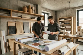 Studio d'architecture d'intérieur dans les Hauts-de-France avec échantillons de matériaux et plans sur une table de travail