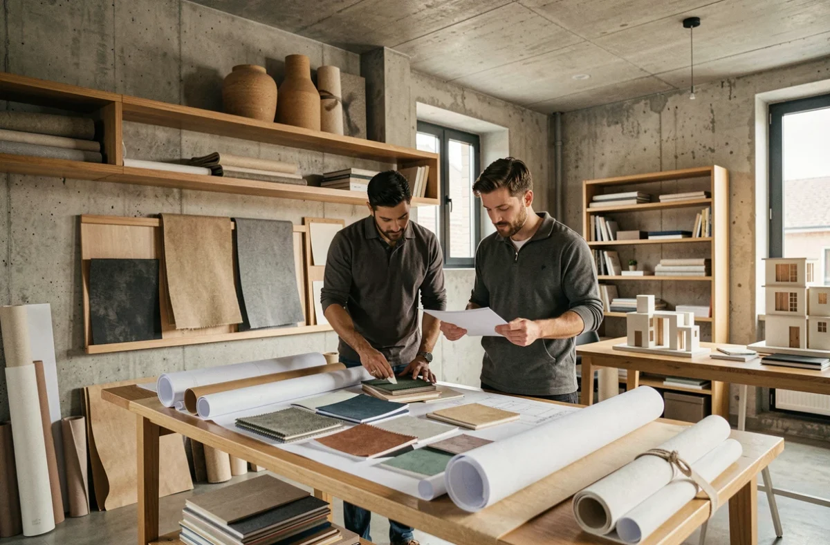 Studio d'architecture d'intérieur dans les Hauts-de-France avec échantillons de matériaux et plans sur une table de travail