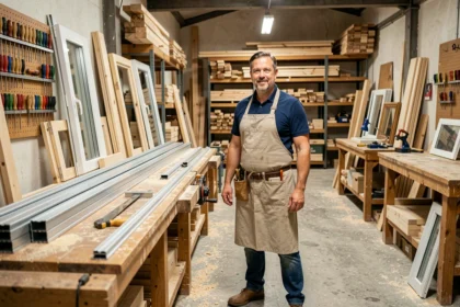 Menuisier professionnel dans un atelier artisanal en Seine-Saint-Denis, entouré de cadres en bois et profilés aluminium