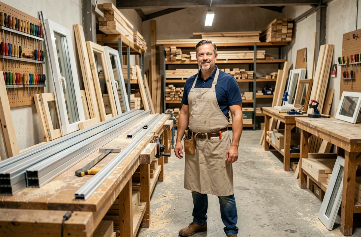 Menuisier professionnel dans un atelier artisanal en Seine-Saint-Denis, entouré de cadres en bois et profilés aluminium