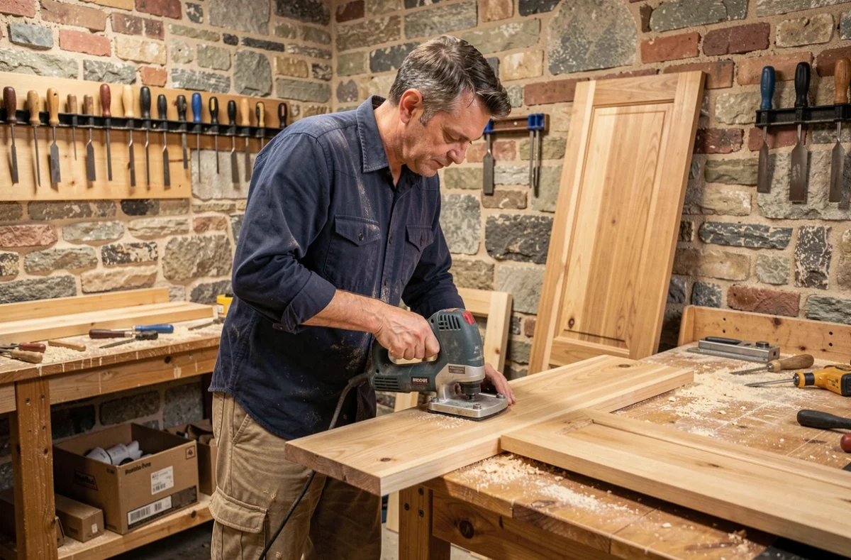 Menuisier de MenuiP travaillant une porte en bois avec une défonceuse dans un atelier à Saint-Denis