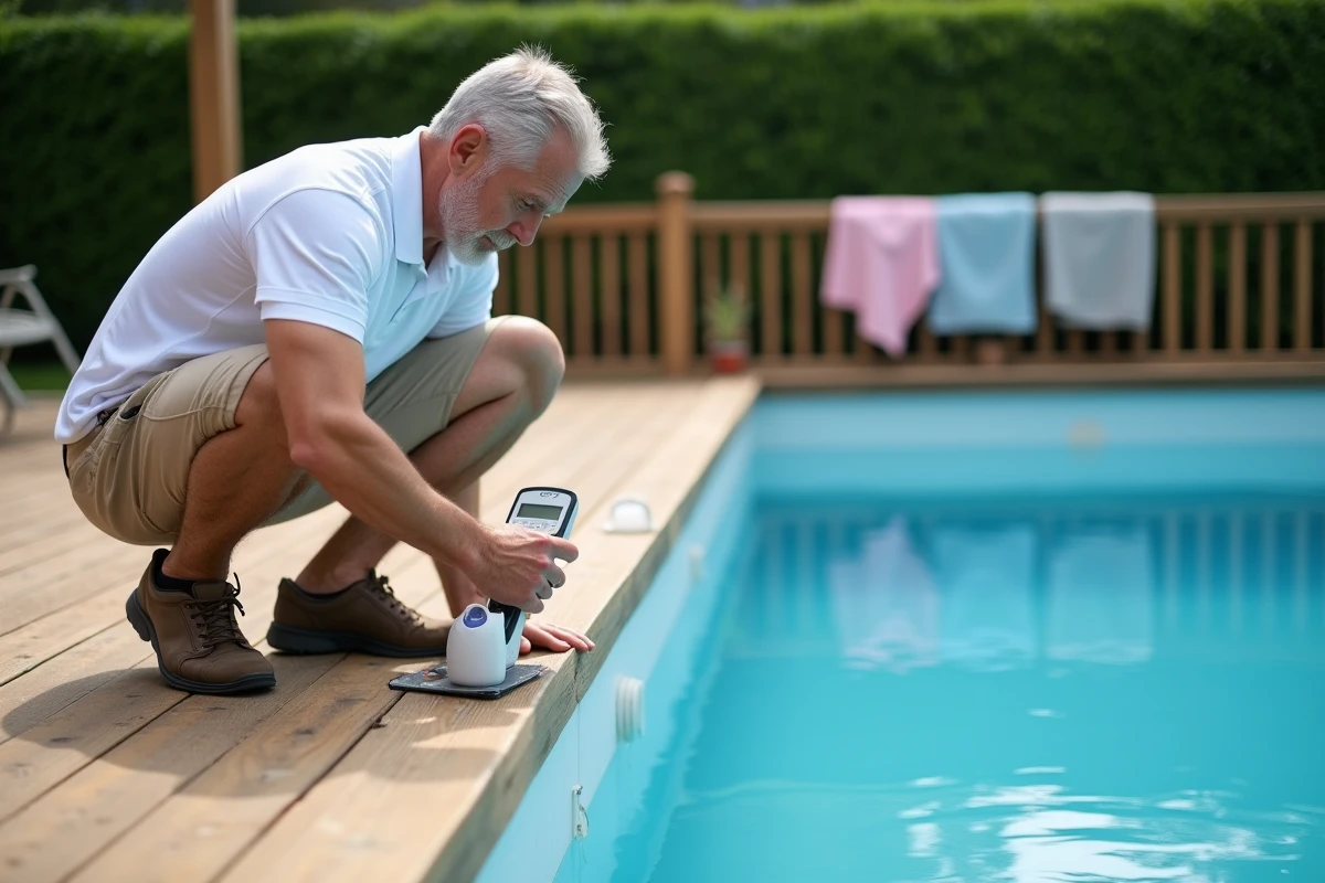Technicien mesurant le taux de sel d'une piscine pour garantir une eau douce adaptée aux enfants