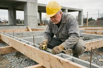 Ouvrier mesurant la surface d'un coffrage en bois sur un chantier de construction avant le coulage du béton