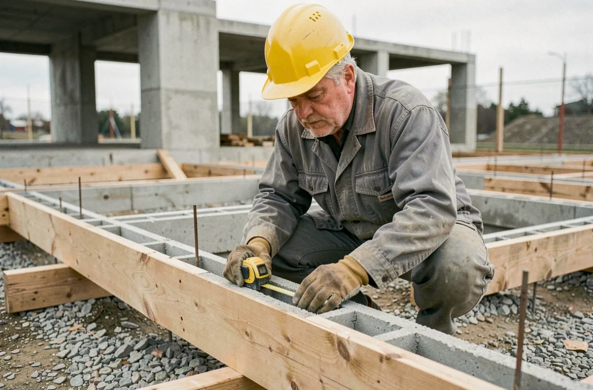 Ouvrier mesurant la surface d'un coffrage en bois sur un chantier de construction avant le coulage du béton