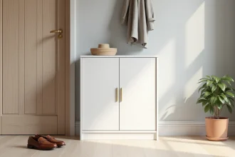 Meuble à chaussures Nano fermé blanc mat dans une entrée scandinave avec parquet chêne clair