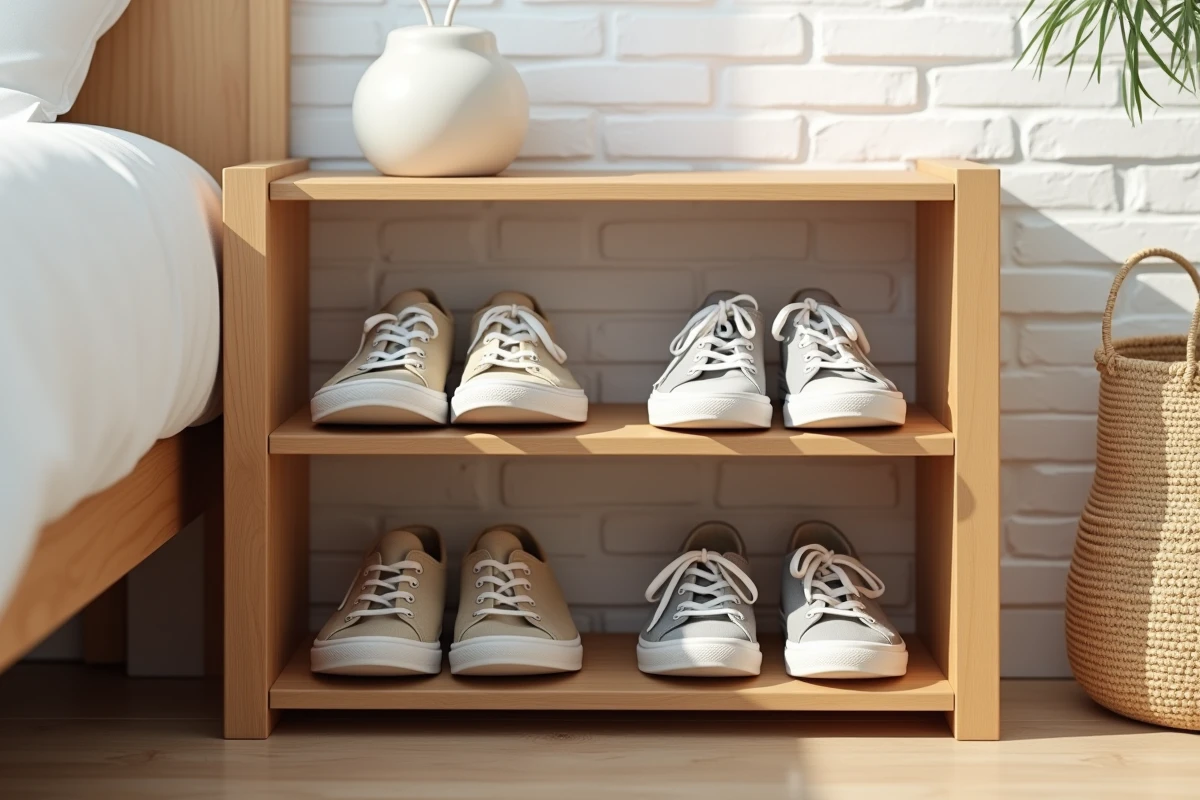 Meuble à chaussures Nano ouvert en bambou avec baskets et sandales rangés dans un coin chambre minimaliste