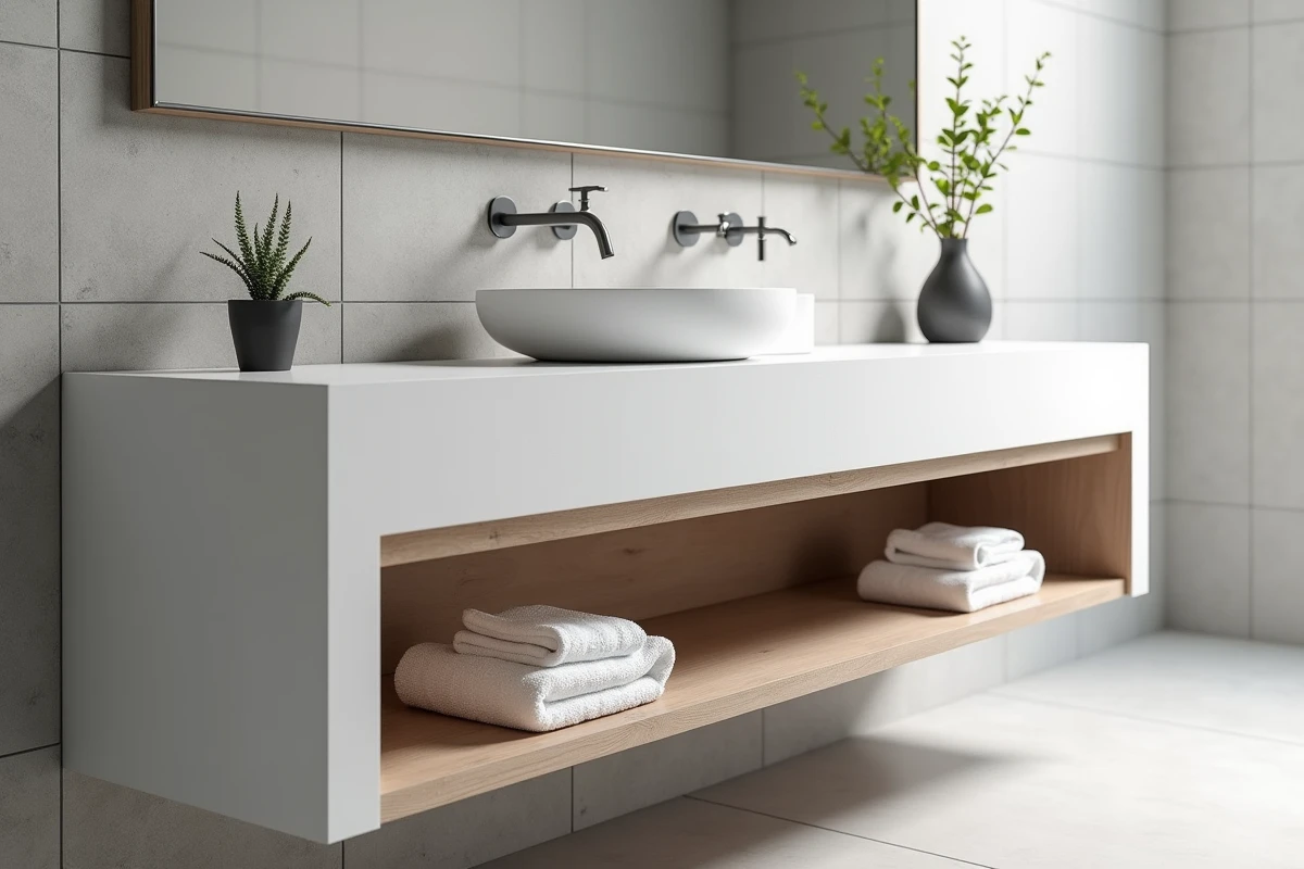 Meuble salle de bain en béton cellulaire terminé avec vasque intégrée dans une salle de bain moderne minimaliste