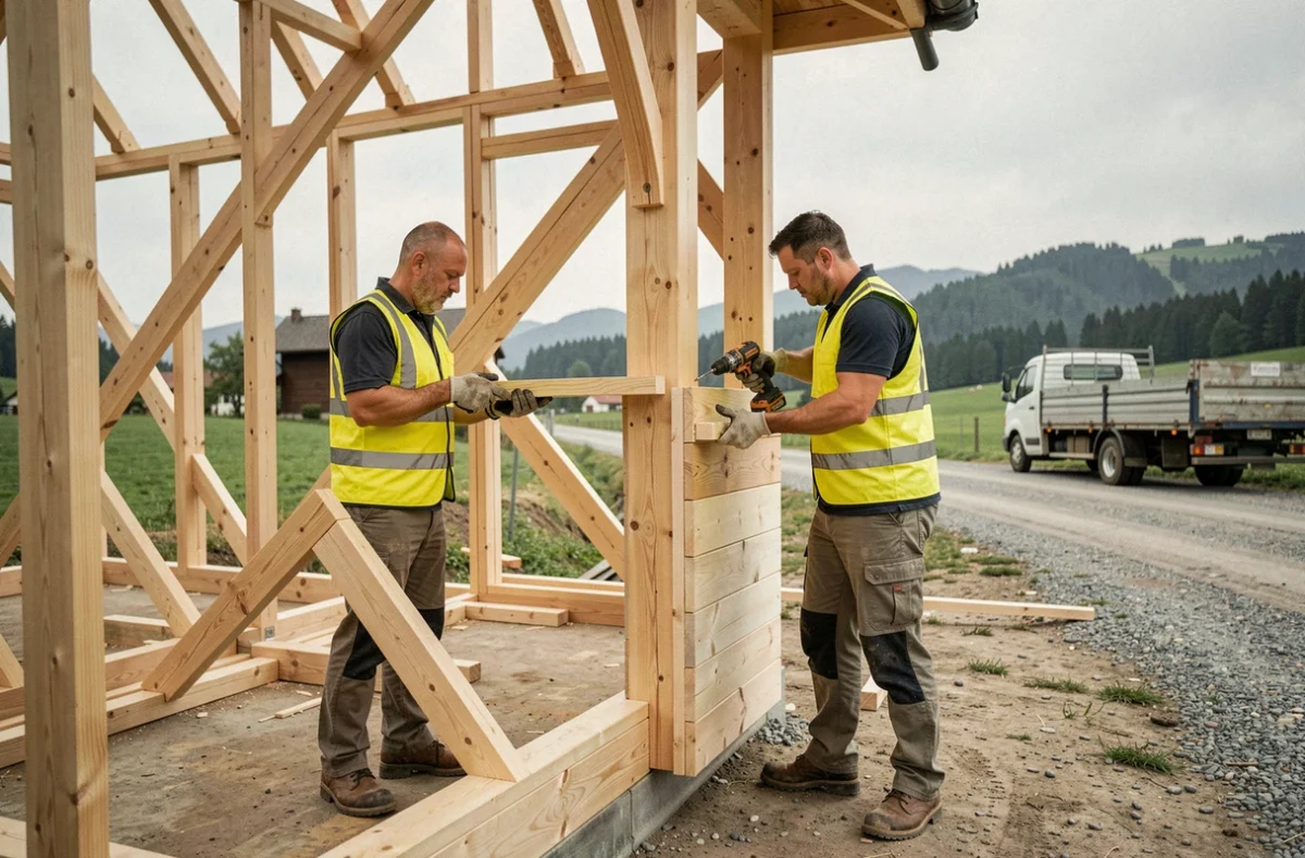 Montage d'un chalet en bois préfabriqué par deux ouvriers sur chantier rural