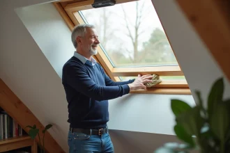 Homme d'âge moyen nettoyant un velux de toit avec soin