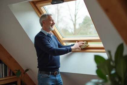Homme d'âge moyen nettoyant un velux de toit avec soin