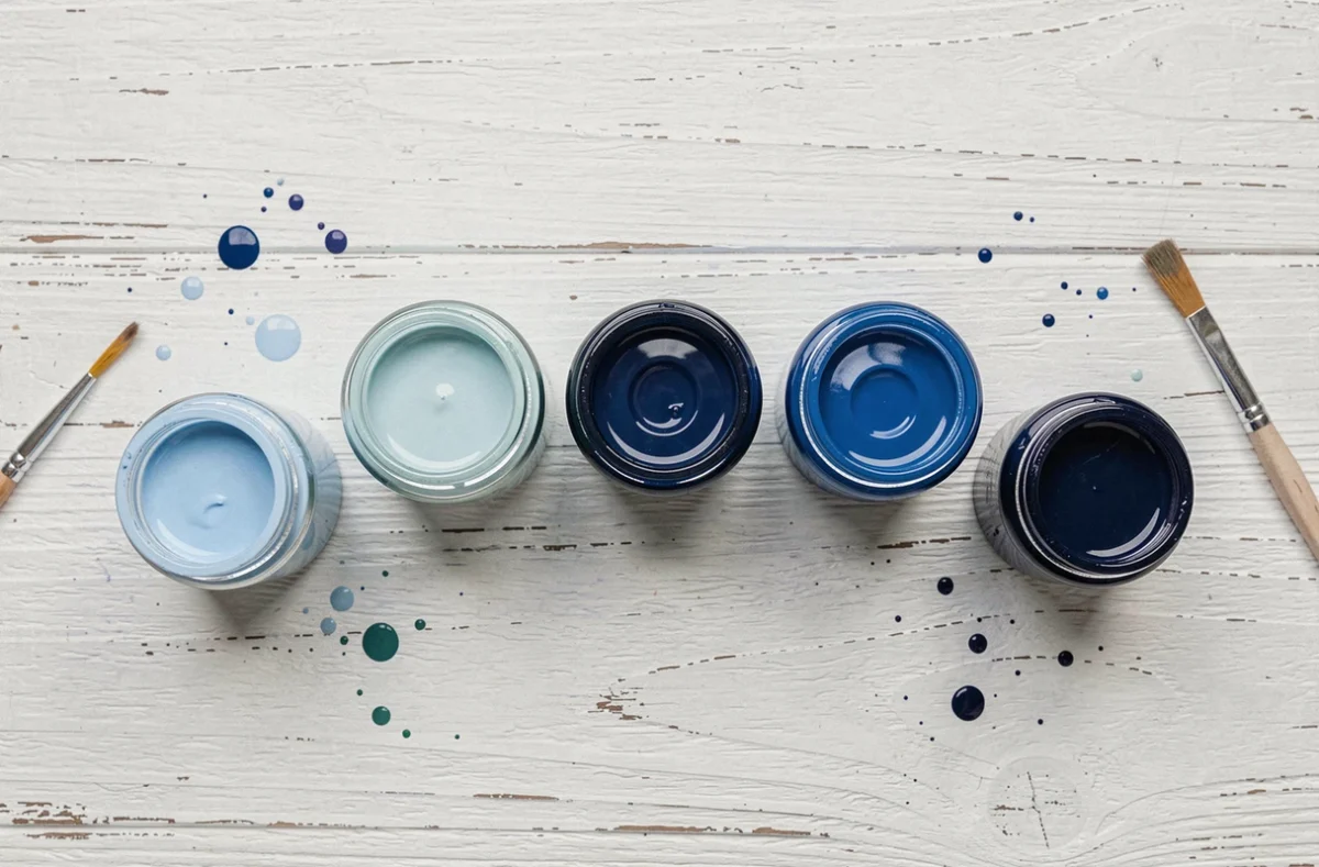 Sept nuances de bleu dans des petits pots en verre alignés sur une surface en bois blanc patiné, vue de dessus