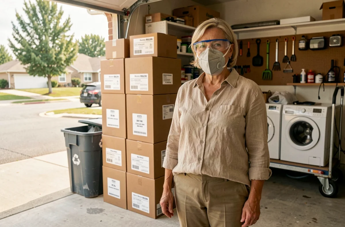 Femme organisant des cartons étiquetés dans un garage lors d'un débarras sécurisé avec équipement de protection