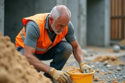 Ouvrier de chantier calculant la quantité de sable en remplissant un seau sur un site de construction