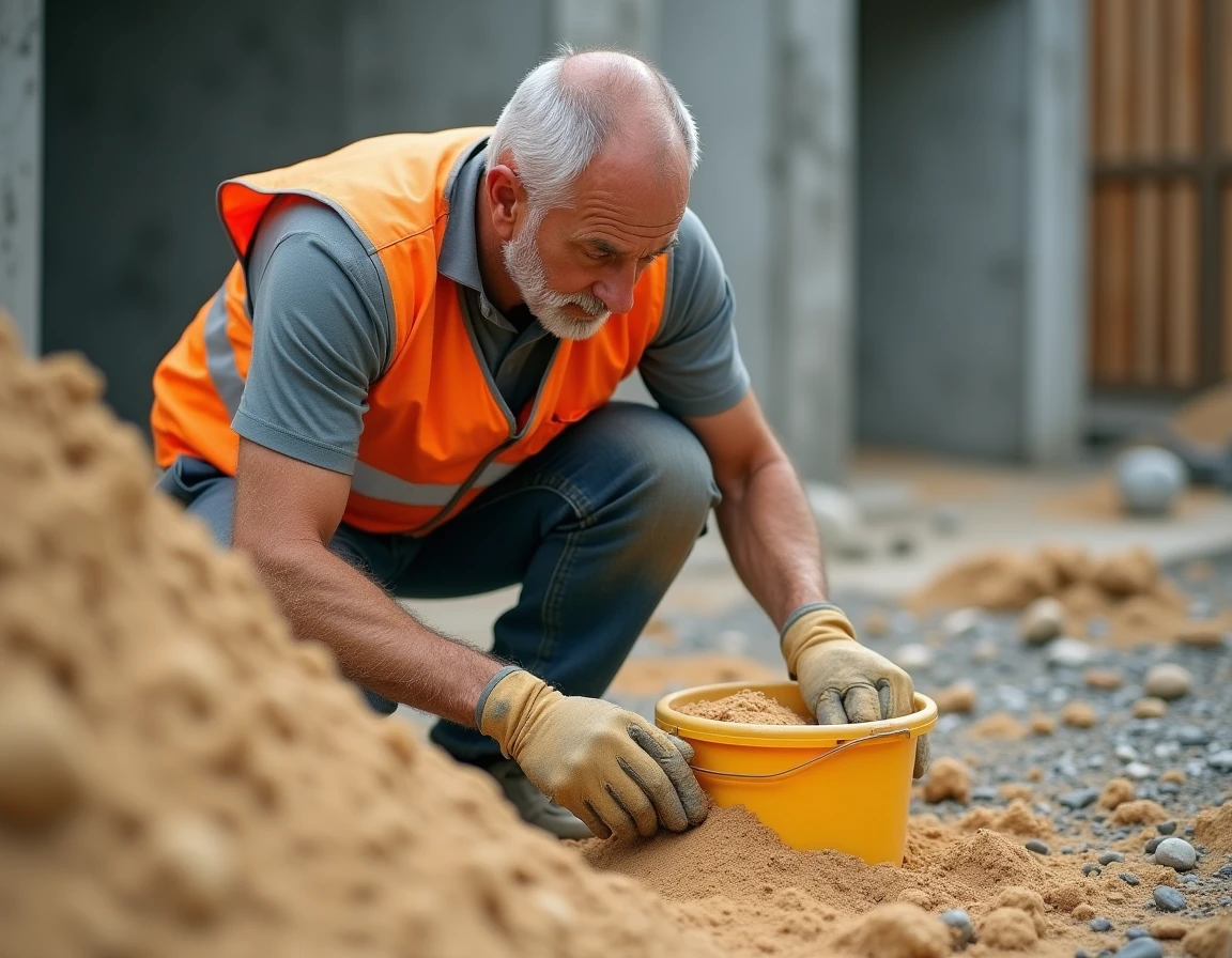 Ouvrier de chantier calculant la quantité de sable en remplissant un seau sur un site de construction