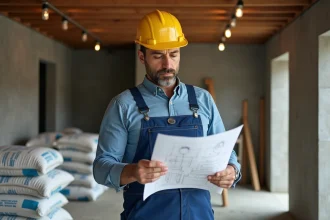 Ouvrier en tenue de chantier étudiant un plan de construction