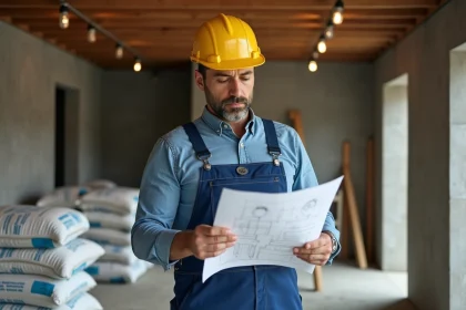 Ouvrier en tenue de chantier étudiant un plan de construction