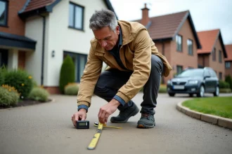 Ouvrier mesurant une dalle de béton avec roue digitale