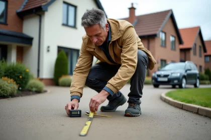 Ouvrier mesurant une dalle de béton avec roue digitale