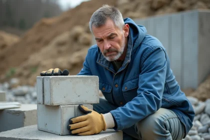 Ouvrier en bleu examinant des blocs de béton sur un chantier