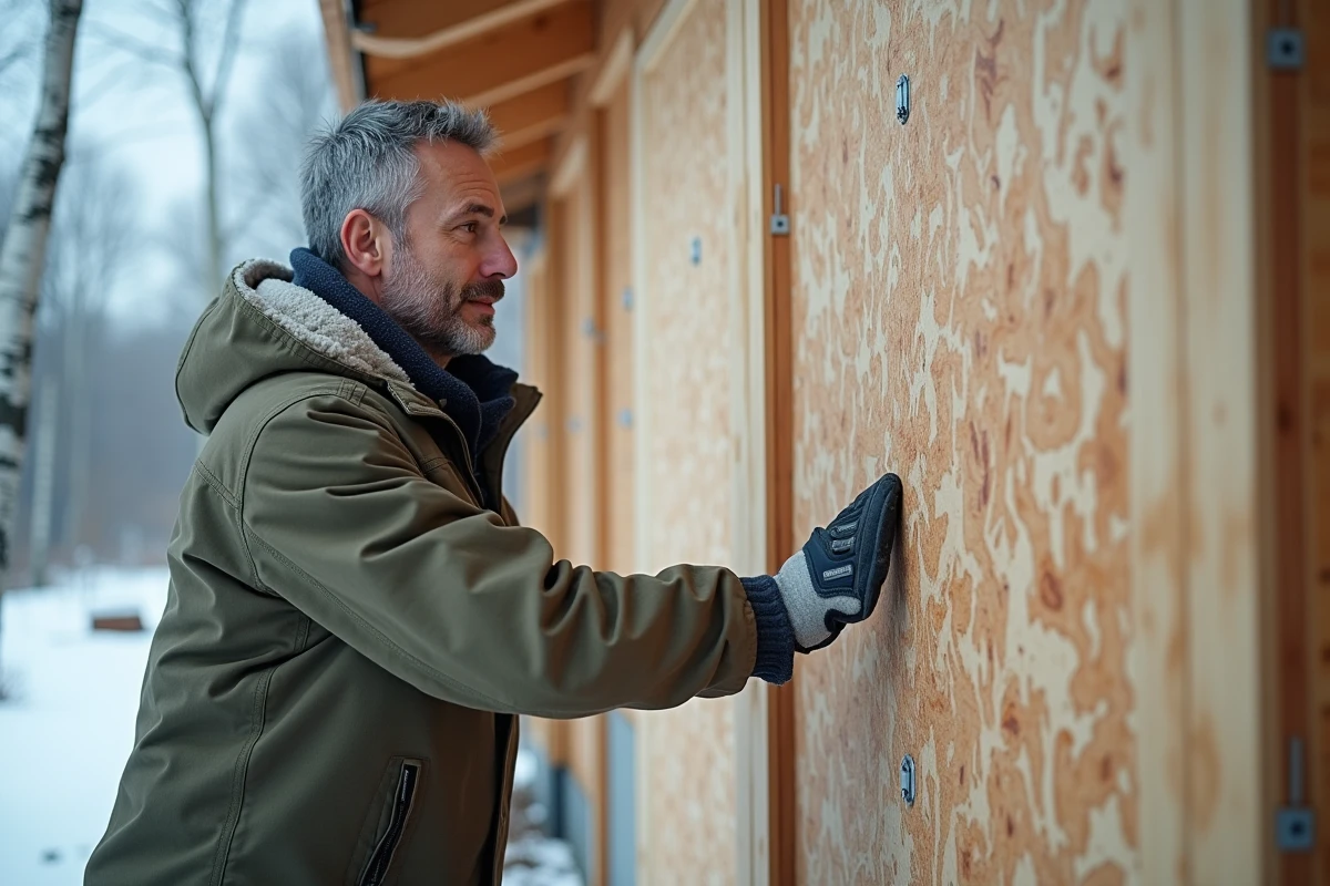 Ouvrier inspectant un panneau OSB enneigé sur une façade extérieure en bois pendant l'hiver