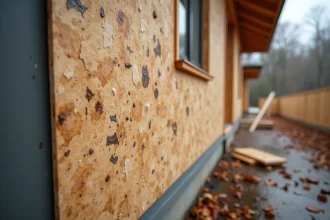 Panneau OSB extérieur avec traces d'humidité et gonflement des bords après exposition à la pluie sur un chantier de construction
