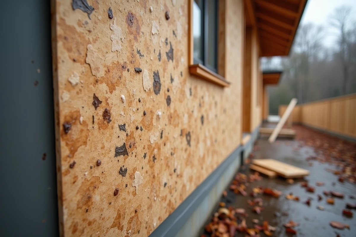 Panneau OSB extérieur avec traces d'humidité et gonflement des bords après exposition à la pluie sur un chantier de construction