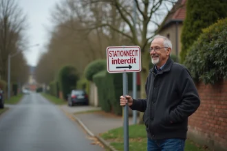 Propriétaire devant sa maison inspectant un panneau stationnement interdit installé sur le trottoir