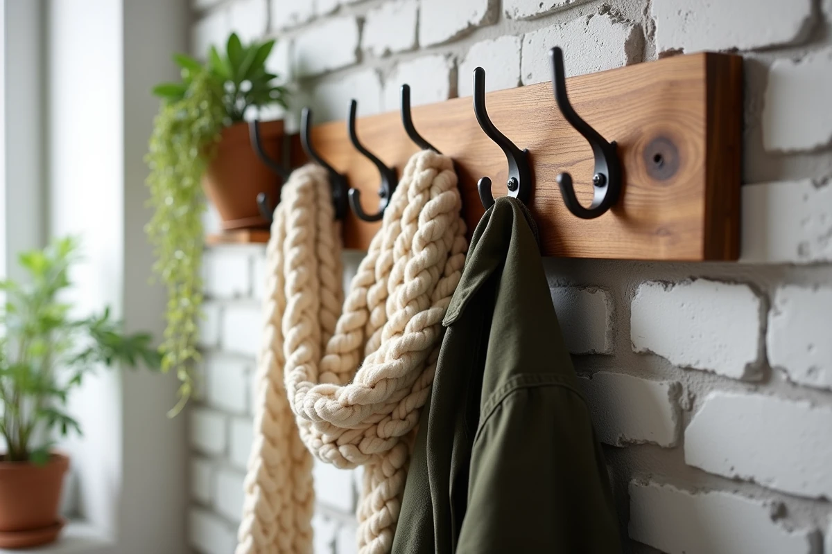 Patère en bois brut recyclé avec crochets en fer forgé sur mur en briques style scandinave