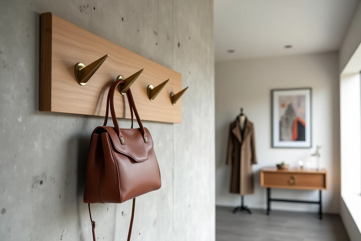 Patère design en bois de frêne avec crochets en laiton dans un couloir contemporain minimaliste